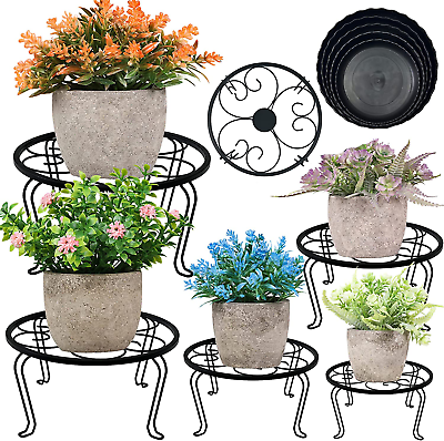 #ad HAINARverS 5 Pack Metal Plant Standsamp;Plastic Plant Saucer for Indoor OutdoorHea