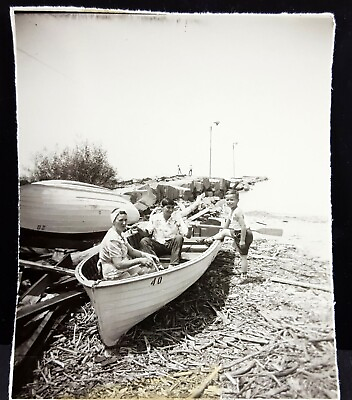 #ad 1930s Mom and Sons in Row Boat by Pier Photo Bamp;W Snapshot