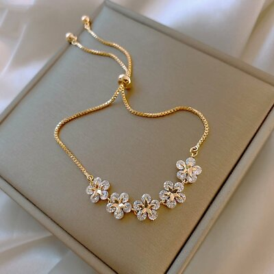 #ad Fashion Gold Zircon Five Flower Bracelet Adjustable Bangle Women Jewelry Gift