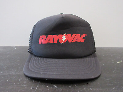 #ad VINTAGE Rayovac Hat Cap Snap Back Black Red Trucker Spell Out Battery Mens 90s