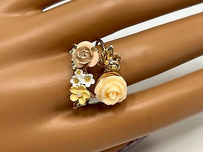 #ad Set of 2 Stacking Rings Gold Tone Floral Cluster Pink Cream Faux Pearl sz 9.5