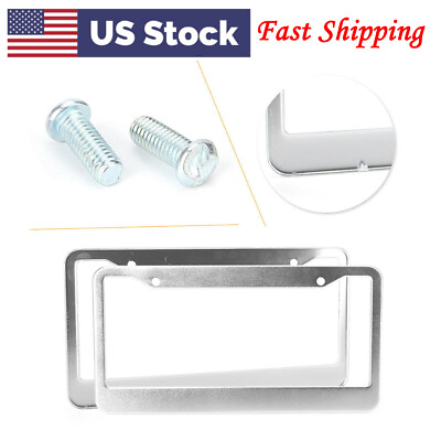 #ad 2pcs License Plate Frame Tag Cover Universal Alum With Screw Caps Silver