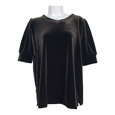 #ad Ann Taylor Black Label Womens Black Velvet Short Puff Sleeve Top Size Medium $32.94