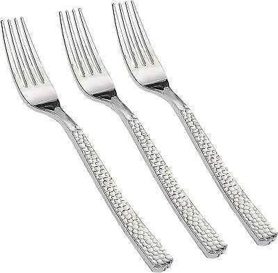 #ad Hammered Silver Plastic Forks Heavy Duty Disposable Premium Quality Weddings