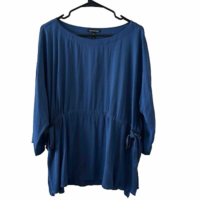 #ad Eileen Fisher Teal Blue 100% Silk 3 4 Sleeve Side Ties Waist Tunic Blouse Sz 1X