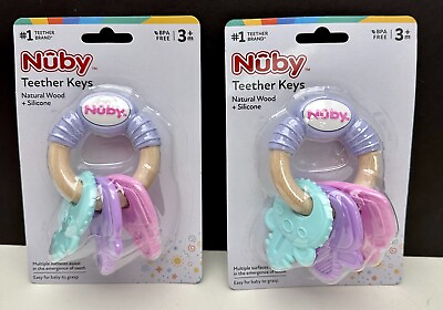 #ad x2 Nuby Natural Wood Silicone Teether Keys Pink Purple 3m Baby Toy