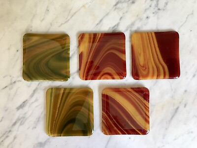 #ad 5 Glass Square Coasters Art Glass Mixed Colors Coffee Butterscotch Grey 4 x 4”