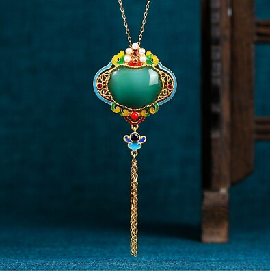 #ad Jade Enamel Pendant Necklace Charm 18K Gold Plated Flower Retro Dainty Gemstone