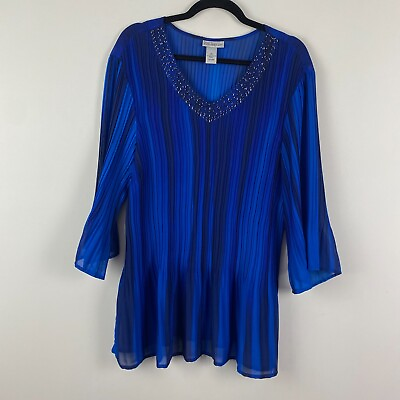 #ad Catherines Tunic Top Size 1X Beaded V Neck Blue Stripe 3 4 Sleeves Sheer