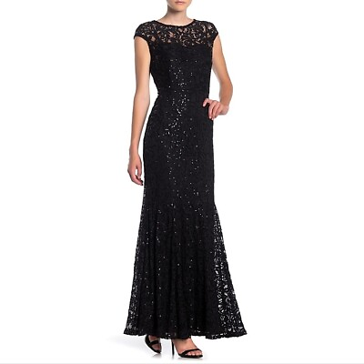#ad MARINA Sequin Lace Cap Sleeve Mermaid Black Gown Dress Womens Small S