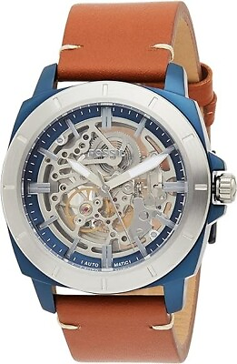 #ad FOSSIL Mens Blue Silver Dial Brown Leather Privateer Automatic Watch BQ2427