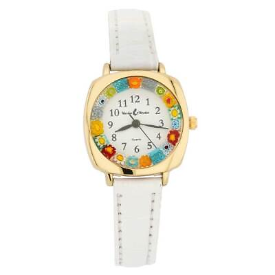 #ad GlassOfVenice Murano Glass Watch Millefiori With Leather Band Square Case Whit