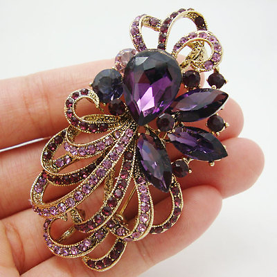 #ad Charming Purple Flower Bouquet Gold plated Pendant Brooch Pin Rhinestone Crystal
