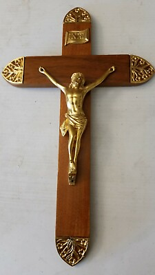 #ad Christ Crucifix Gold Plated19th C 14quot; X 9quot; Metal and Wood Beautiful