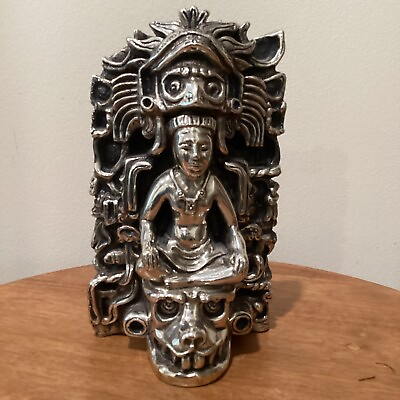#ad Vintage Authentic Mayan King With Face Dragon Silver Sculpture Aztec Style