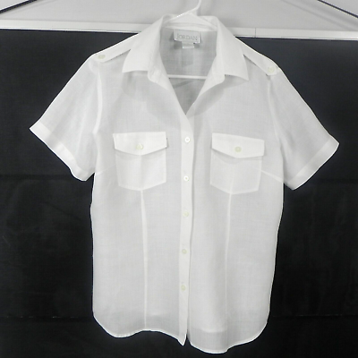 #ad Jordan Women#x27;s Blouse Medium Solid White Short Sleeve Button Up Pocketed Linen