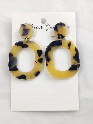 #ad Fashion Jewelry Drop Dangle Clip On Earrings Tortoise Shell Big Oval Open Loop