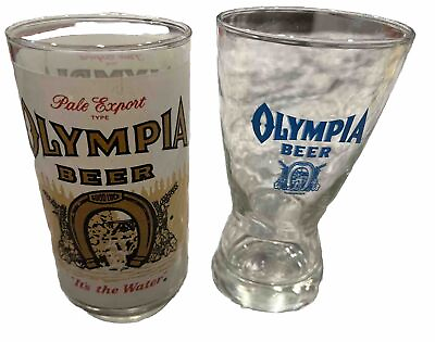 #ad Pair of Vintage OLYMPIA BEER GLASS Glasses Footed