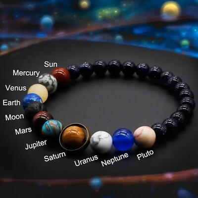 #ad Universe Galaxy the Nine Planets Solar System Blue Sandstone Healing Bracelet