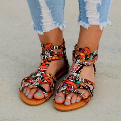 #ad Womens Beach Gladiators T strap Open Toe Flat Heel Bohemian Sandals Travel Plus