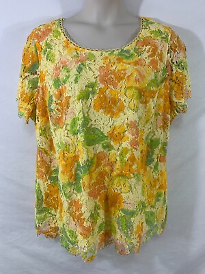 #ad ISAAC MIZRAHI LIVE Plus 2X Yellow Lace Floral Short Sleeve Shirt w Camisole