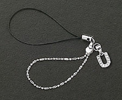 #ad 925 Sterling Dangle Letter U Initial Crystal Cell Phone Charm Silver Chain Strap