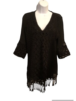 #ad AZUCAR Women’s Black Crocheted with Fringe Hem 3 4 sleeve V neck Top Size S