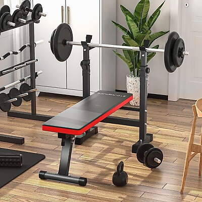 #ad Adjustable Weight Bench Folding Bench Press w Barbell Rack Full Body Workout