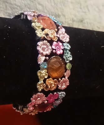 #ad Vintage Multicolored Floral Design Simulated Stone Cuff Bracelet Estate Jewelry