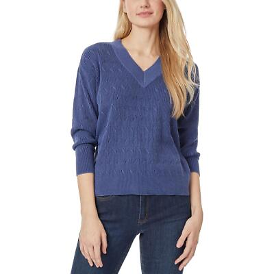#ad Jones New York Womens Blue Cotton Textured Pullover Top Shirt L BHFO 8060