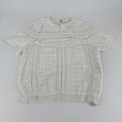 #ad Alice Olivia Womens Crochet Blouse Off White Short Sleeve Crew Zip Hem 0 New