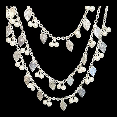 #ad Premier Design Silver 3 Strand Silver Tone Leaves amp; Faux Pearls Necklace 18quot; 20quot;