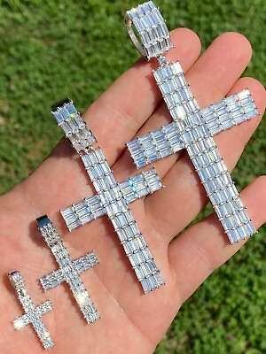 #ad Solid 925 Sterling Silver Cross Pendant Baguette Iced CZ Necklace Hip Hop