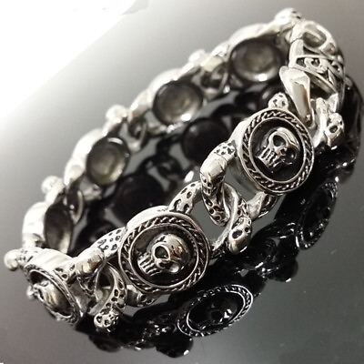 #ad Stainless Steel Silver Black Skull Link Chain Gothic Men Bracelet 8.66quot; 15.5mm