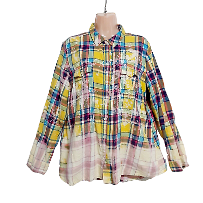 #ad Old Navy Women Plaid Top Blouse Shirt Size XL Button Up Bleached Collared Cotton