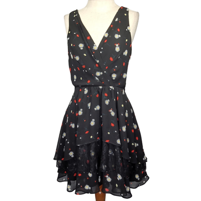 #ad BCBGeneration Black Mini V Neck Floral Dress Size 4 $24.50