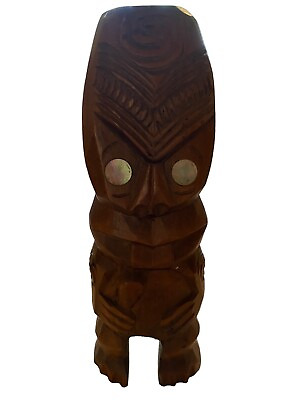 #ad Vintage 8” Māori Wooden Figure Carving New Zeal and Abalone Shell Eyes Tiki