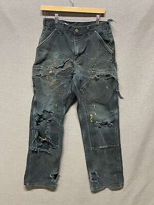 #ad Carhartt Carpenter Pants Mens 30x30 Green Double Knee Front Dungaree Distressed