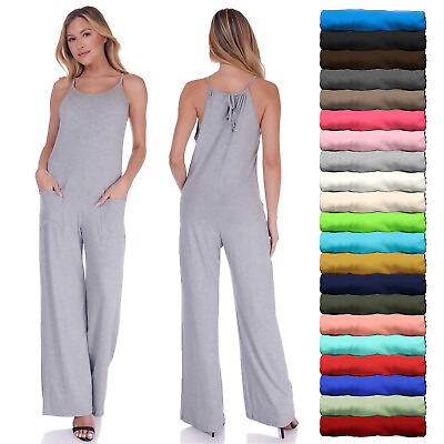 #ad Women#x27;s Full Length Casual Adjustable Sleeveless Wide Leg Jumpsuit with Pockets