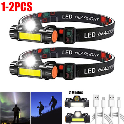#ad 2 PCS LED Headlamp Headlight Head Light Lamp Flashlight Rechargeable USB COB USA