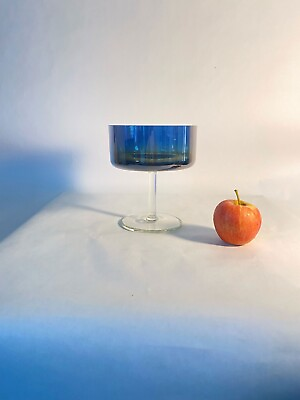 #ad Danish Modern Blue and Yellow Glass Compote Dish Vintage 1970s Smokey Glass