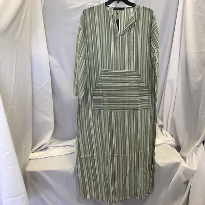 #ad Zanzea Womens Shift Dress Green Striped Pockets Notch Neck 100% Cotton 3XL New