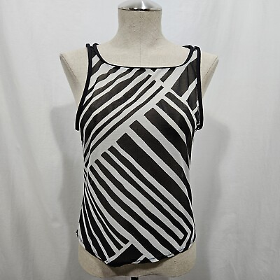 #ad Vintage Anne Cole Mesh Tank Womens Medium Black White Stripe Top Cover Up Sheer