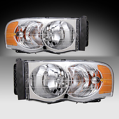 #ad Pair Headlights For 2002 2005 Dodge Ram 1500 2500 3500 Chrome Amber Headlamps