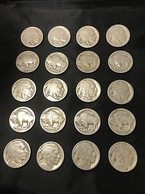 #ad VINTAGE US Coin Lot Of 21 Buffalo Nickels 1910s 1930s Dateless FREE SHIPPING
