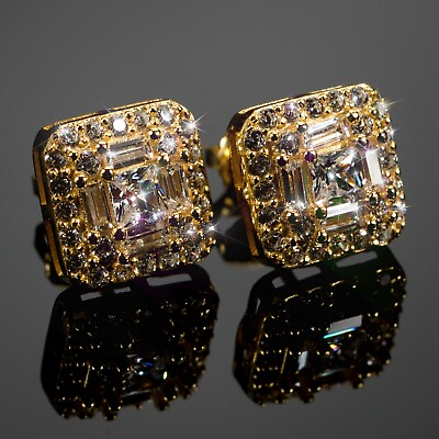 #ad Hip Hop Mens Gold Plated 925 Sterling Silver Square Iced Baguette Earrings