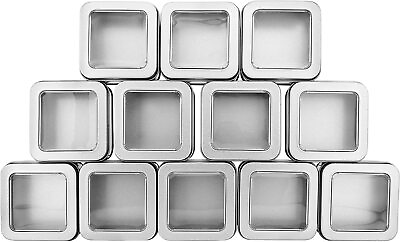 #ad 4oz Square Silver Metal Tins w View Window Lids 12pk; for Candle Tea Spice Craft