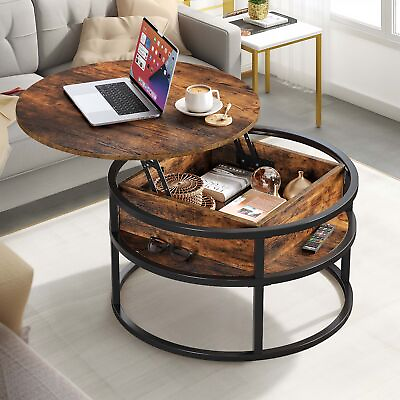 #ad Lift Top Coffee Table with Hidden Compartment Storage Shelf Round Center Table