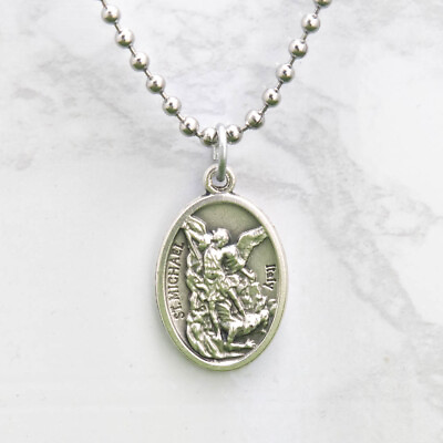 #ad Patron Saint St Michael Pray For Us 1quot; Medal Pendant Necklace 24quot; Chain Italy