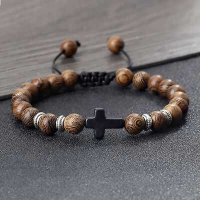 #ad Natural Wooden Beaded Cross Bracelet Prayer Unisex Adjustable Beaded Bracelets